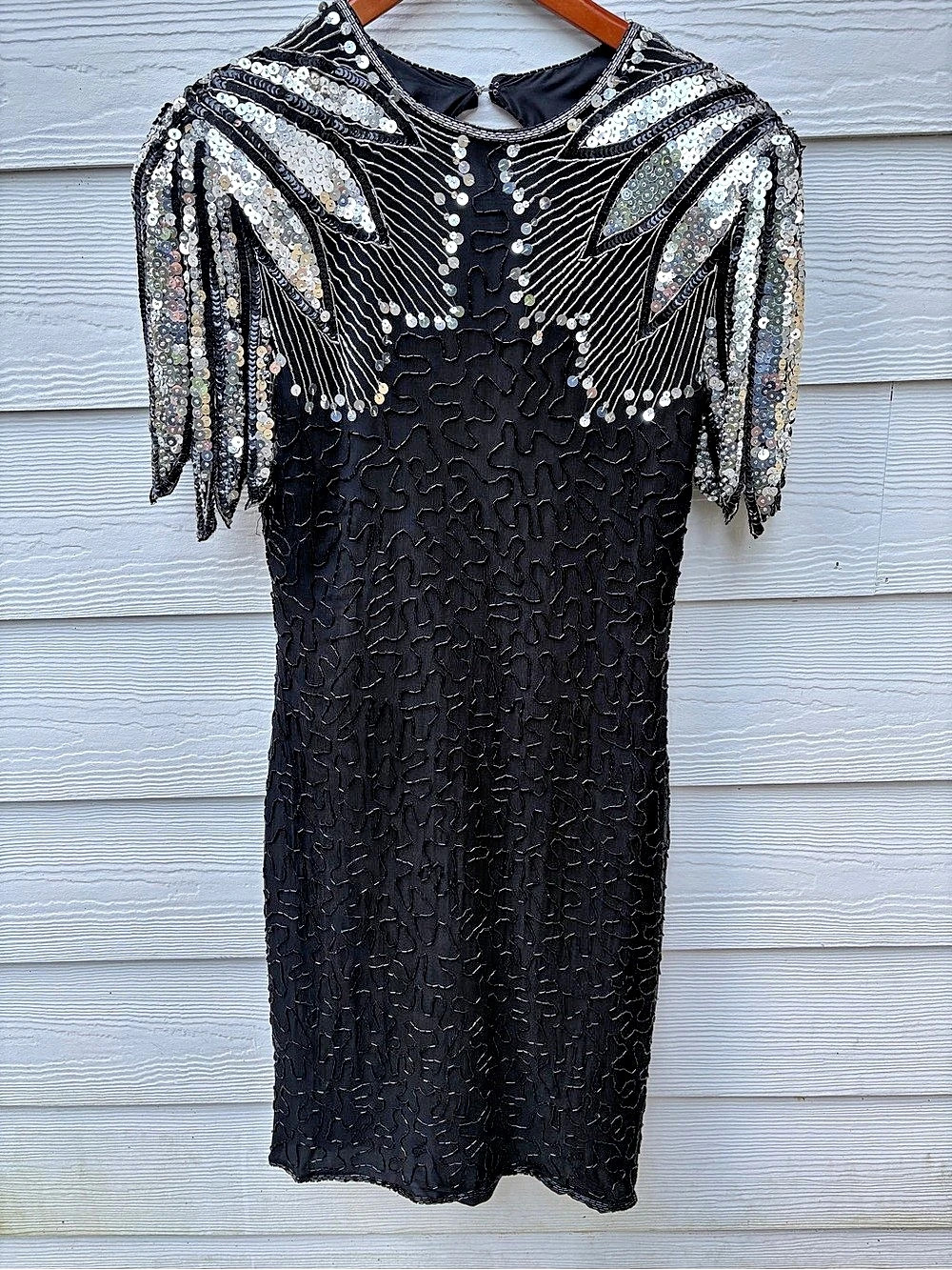 Vintage Scala Beaded Sequin Mini Dress in Black & Silver